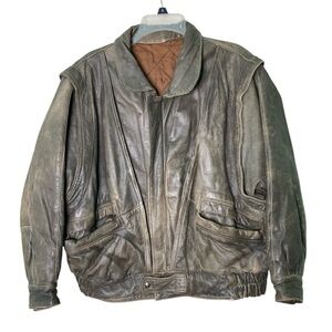Vera Pelle Brown Gray Leather Bomber Distressed Jacket Italian Made (Size M)